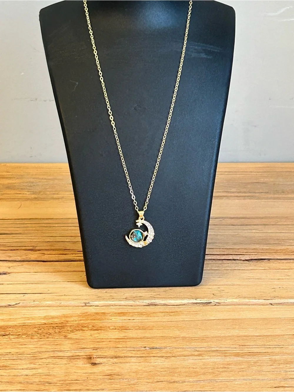 Gold-Plated Crescent Moon & Blue Opal Pendant Necklace - Women Jewelry